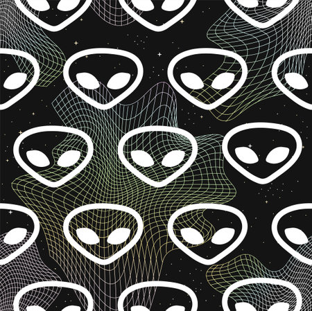 Warp,distorted grid space,alien face seamless pattern line art.Vector graphic...