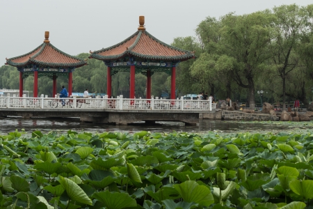 Lotus pond and the traditional hexiangのeditorial素材