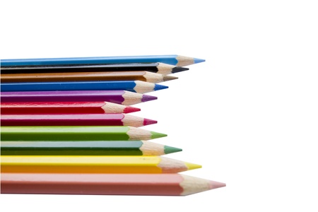  close up of color pencils on white background with clipping path