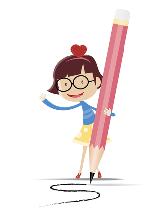 A cute girl writing by using the big pencilのイラスト素材