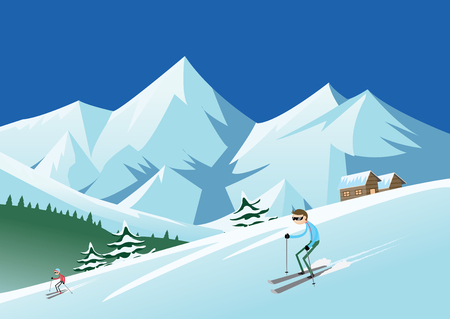 Skiing at ski resort-skiers sliding from the mountainのイラスト素材