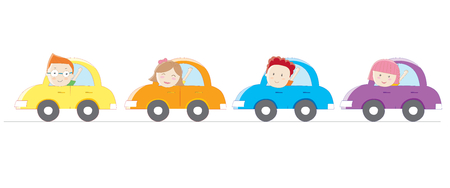 Colorful cars with cute kidsのイラスト素材