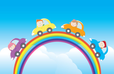 Driving cars on the rainbowのイラスト素材