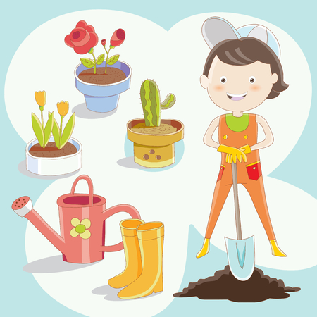 Gardener with garden equipment and flowers in the potsのイラスト素材