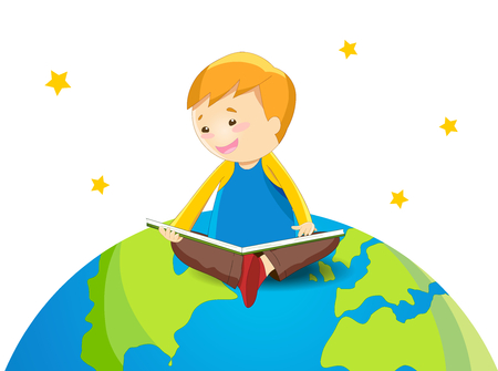 Boy reading book on the earthのイラスト素材