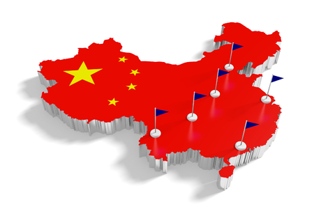 China map with flags on the flagpoles showing the major cities.の写真素材