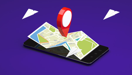 GPS icon on city map with cellphone / 3D illustration