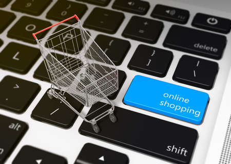 A shopping cart on the keyboard on a laptop - 3D illustrationの写真素材
