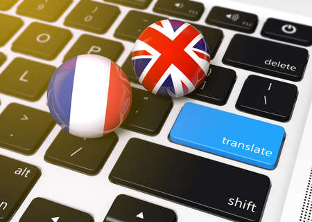 French and English language translation keyboard - 3D illustrationの写真素材