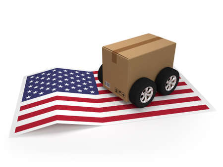 Cardboard box vehicle on an American paper flag - 3D illustrationの写真素材