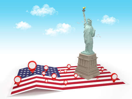 Statue of Liberty with USA flag in the background - 3D illustrationの写真素材