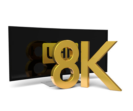 3D rendering of a television with an 8K sign on white backgroundの写真素材