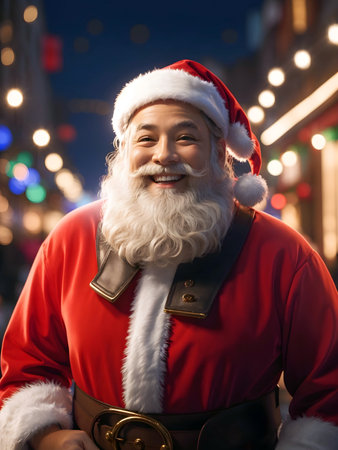 Portrait of smiling santa claus on the street at night with Christmas lights. Generative AI.の素材