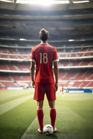 Rear view of a football player in a red jersey standing with the ball at the stadium. Generative AI.の素材
