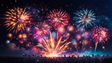 Colorful fireworks of various colors over night cityscape and silhouette of the crowd. Generative AI.の素材