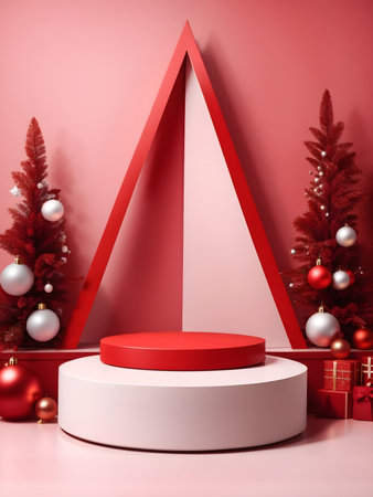 Christmas podium with red decorations. Generative AI.の素材