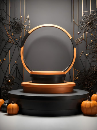 Podium for product presentation in black and orange color, Halloween theme. Generative AI.の素材
