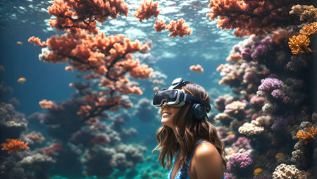 Woman wearing virtual reality goggles against coral reefs underwater. Generative AI.の素材