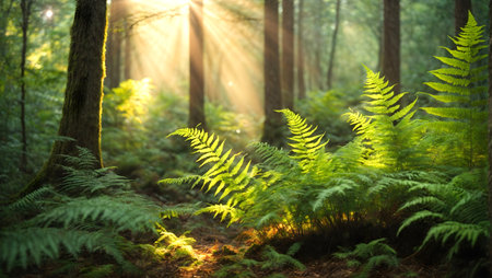 Ferns growing in the forest at sunrise, illuminated by sunbeams. Generative AI.の素材