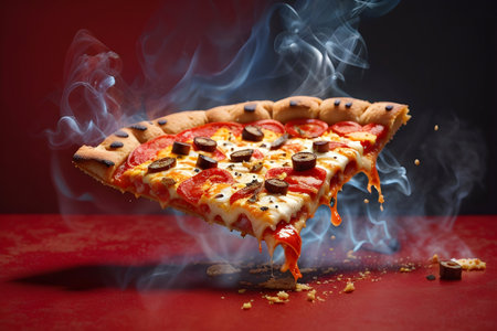 Hot pizza on a red background with smoke. Generative Ai.の素材