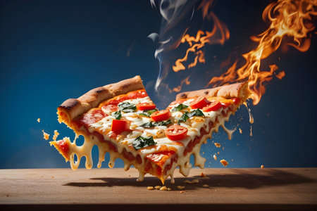 Hot pizza on fire flying in the air on a wooden table on a blue background. Generative Ai.の素材