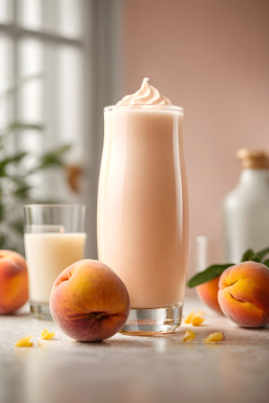 A glass of tasty peach milkshake on the table, Generative Ai.の素材