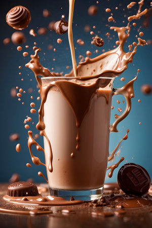 Chocolate milk splash with chocolate cookies on a dark blue background. Generative Ai.の素材