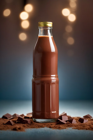 Chocolate milk drink in a glass bottle on blue background with bokeh. Generative Ai.の素材