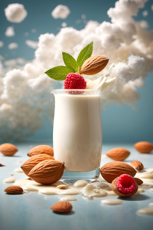 Almond milk with fresh raspberries and almonds on a blue background. Generative Ai.の素材