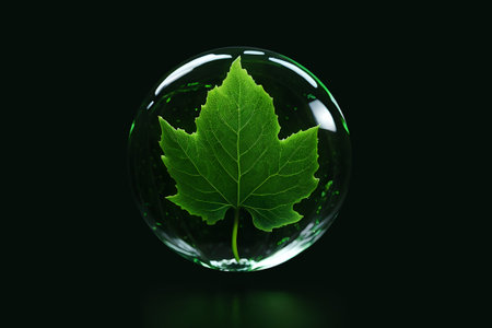 Green leaf inside a crystal bubble on a black background. Environment protection concept. Generative Ai.の素材