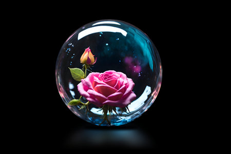 Roses in the bubble on a black background. Generative Ai.の素材