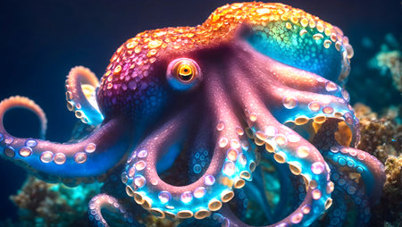 Glowing neon octopus on the coral reef. Generative Ai.の素材