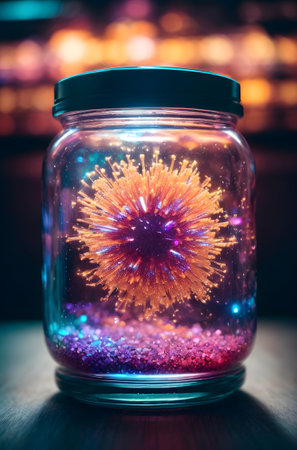 Colorful virus in a glass jar with bokeh light effect. Generative Ai.の素材
