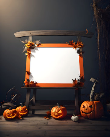 A blank whiteboard with pumpkins. Halloween concept. Generative Ai.の素材