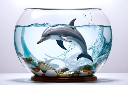 Dolphin jumping out of the water in a fish bowl. Generative Ai.の素材