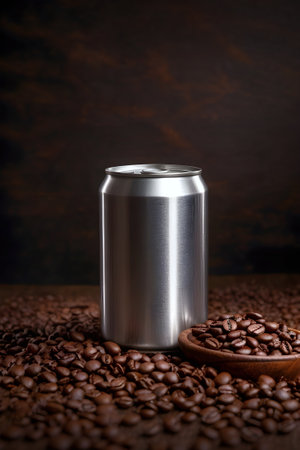 Aluminum can with coffee beans on a dark wooden background. Generative Ai.の素材