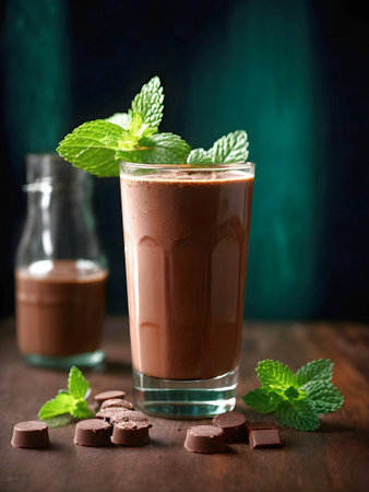 Chocolate smoothie in a glass with chocolate pieces and mint leaves. Generative Ai.の素材