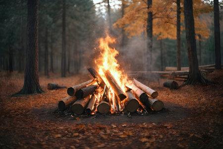 Bonfire in the autumn forest. Camping in the woods. Generative Ai.の素材