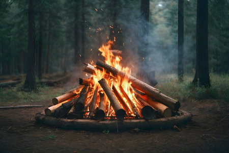 Bonfire in the forest in the evening. Camping concept. Generative Ai.の素材