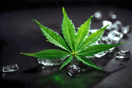 Cannabis leaf with ice cubes on black background. Generative Ai.の素材
