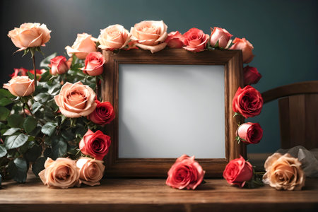 Blank wooden frame with beautiful roses. Generative Ai.の素材