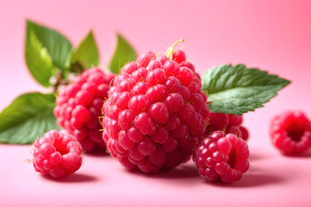 Delicious ripe raspberries on a pink background. Generative Ai.の素材