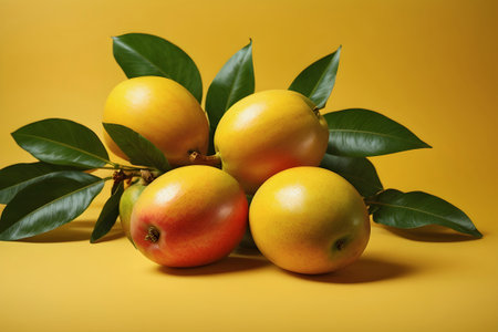 Mango fruits with leaves on a yellow background. Tropical fruit. Generative Ai.の素材
