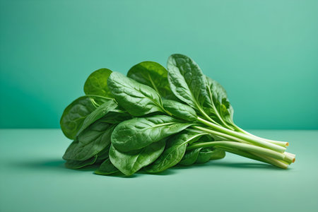 Bunch of fresh spinach on green background. Generative Ai.の素材