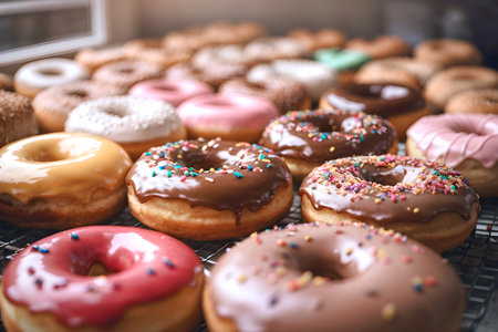 Donuts with glaze and sprinkles on a baking sheet. Generative Ai.の素材