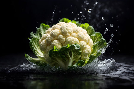 Fresh cauliflower with water splash on a black background. Generative Ai.の素材