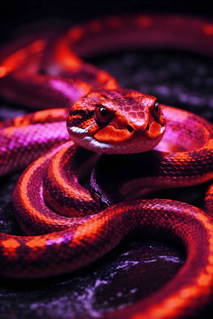 Close-up of a snake with neon pink and red lights on a black background. Generative Ai.の素材