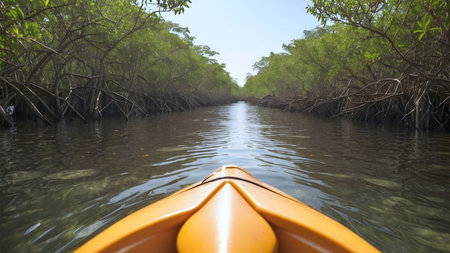 A yellow kayak's prow in the mangrove forest. Generative Ai.の素材