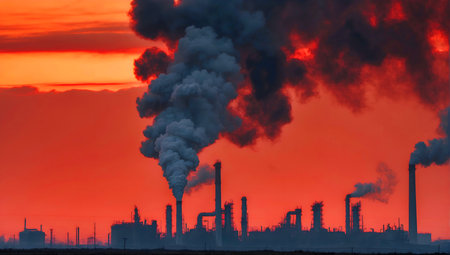 Silhouette of industrial landscape with smoking chimneys on a red sky. Carbon emissions issues. Generative Ai.の素材