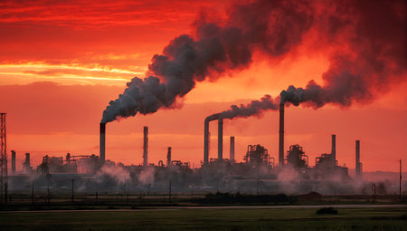 Industrial landscape with smoking chimneys in the setting sun on a field. Carbon emissions issues. Generative Ai.の素材
